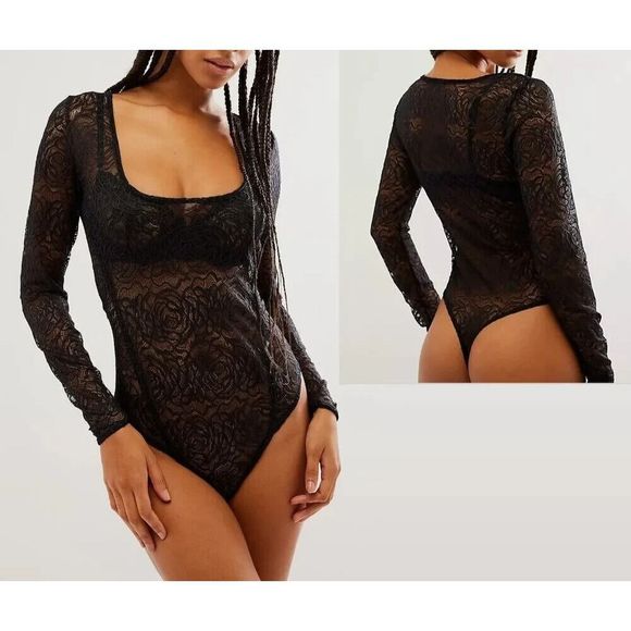 Intimately Free People Women's Sz L Black In My Head Black Lace L/S Bodysuit - Picture 9 of 9